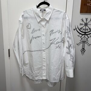 Women's Karl Lagerfield White Poplin Long‎ Sleeve Graphic Shirt XL